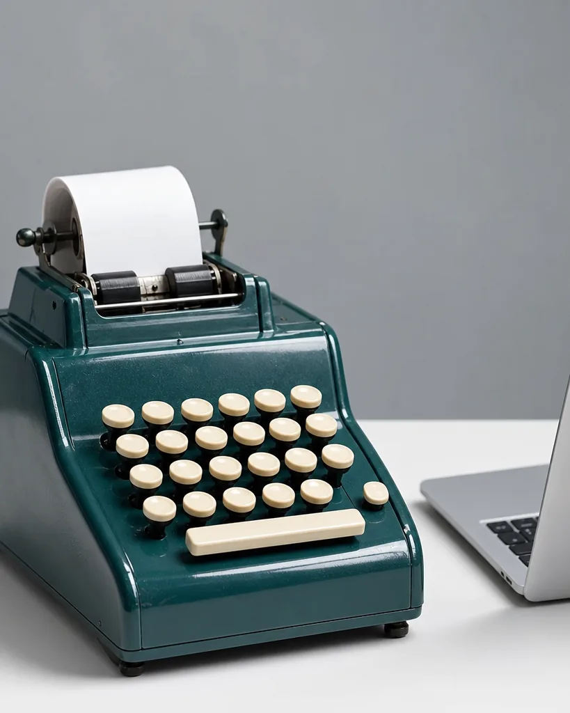 A vintage mechanical adding machine beside a modern laptop on a clean desk