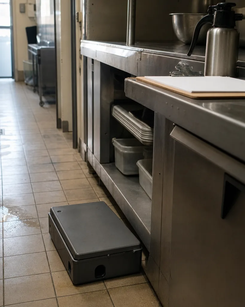 A plain bait station on the tiled floor of a commercial kitchen with a service clipboard and pump sprayer on the counter