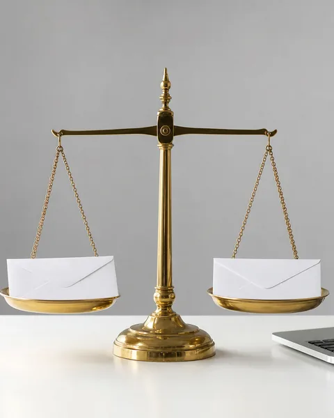 A vintage brass balance scale with a sealed envelope on each pan on a clean desk