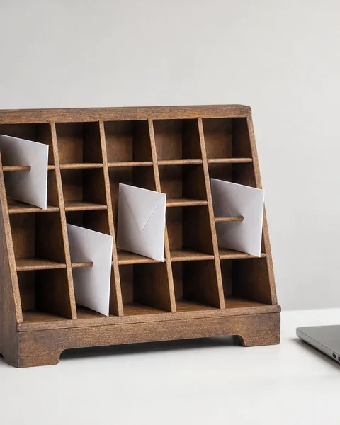 A vintage wooden mail sorting rack with sealed envelopes in its slots beside a modern laptop