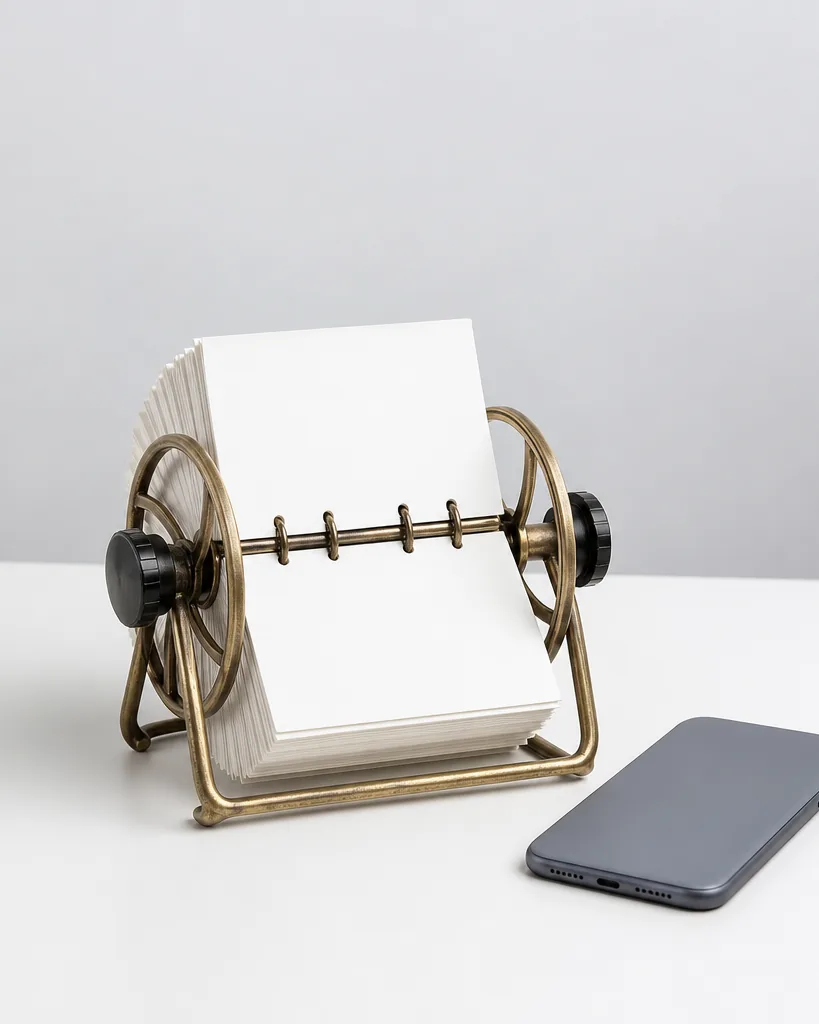 A vintage rotary card file of contact cards beside a modern smartphone on a clean desk
