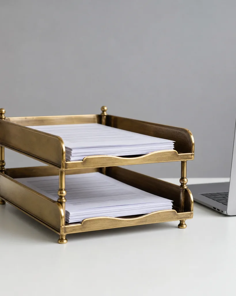 A brass desk letter tray holding printed outreach emails next to a laptop