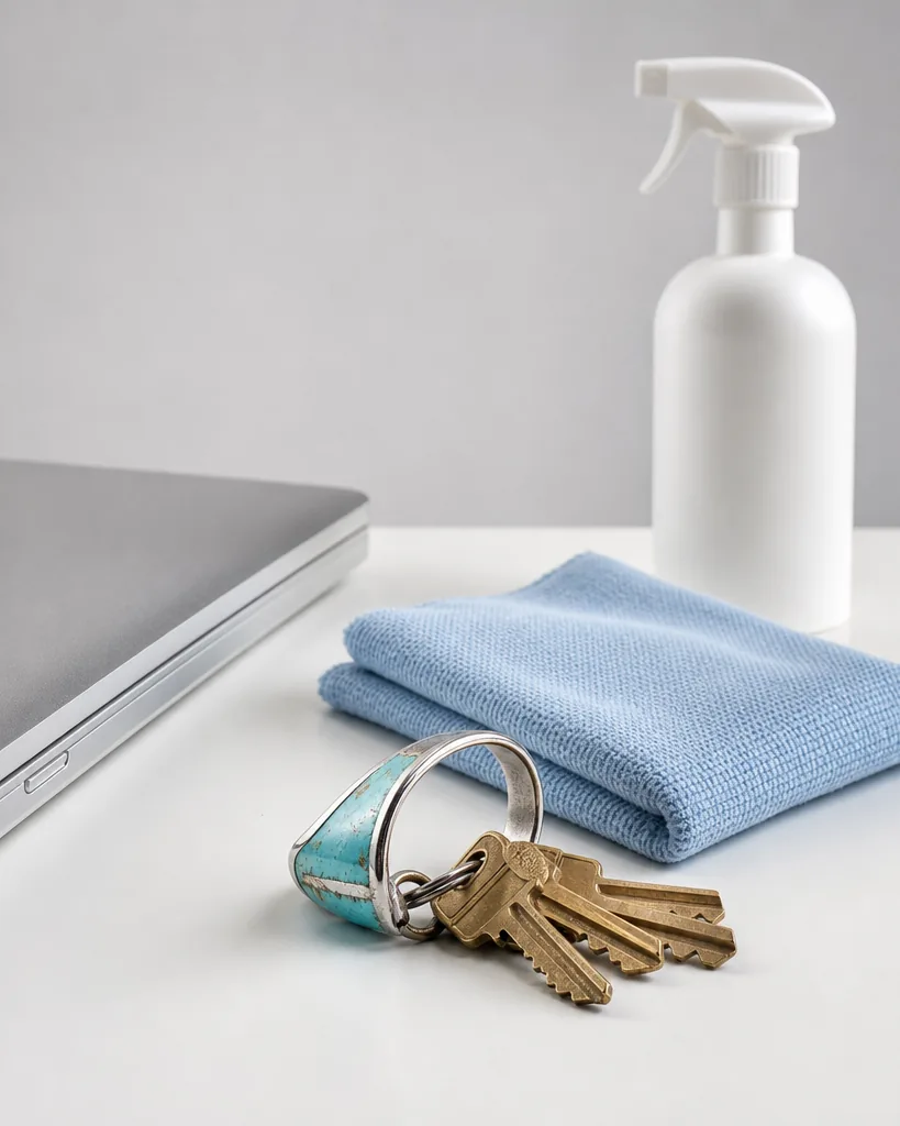 A ring of brass building keys, a folded cleaning cloth and a plain spray bottle beside a modern laptop on a clean desk