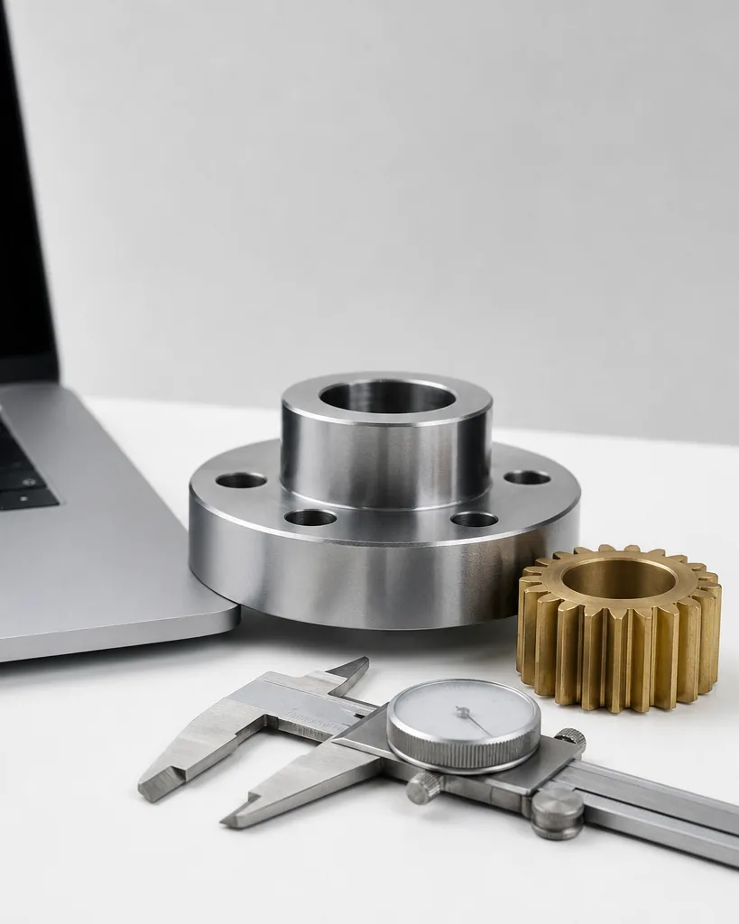 A machined steel flange, a brass gear and a dial caliper beside a laptop on a clean desk