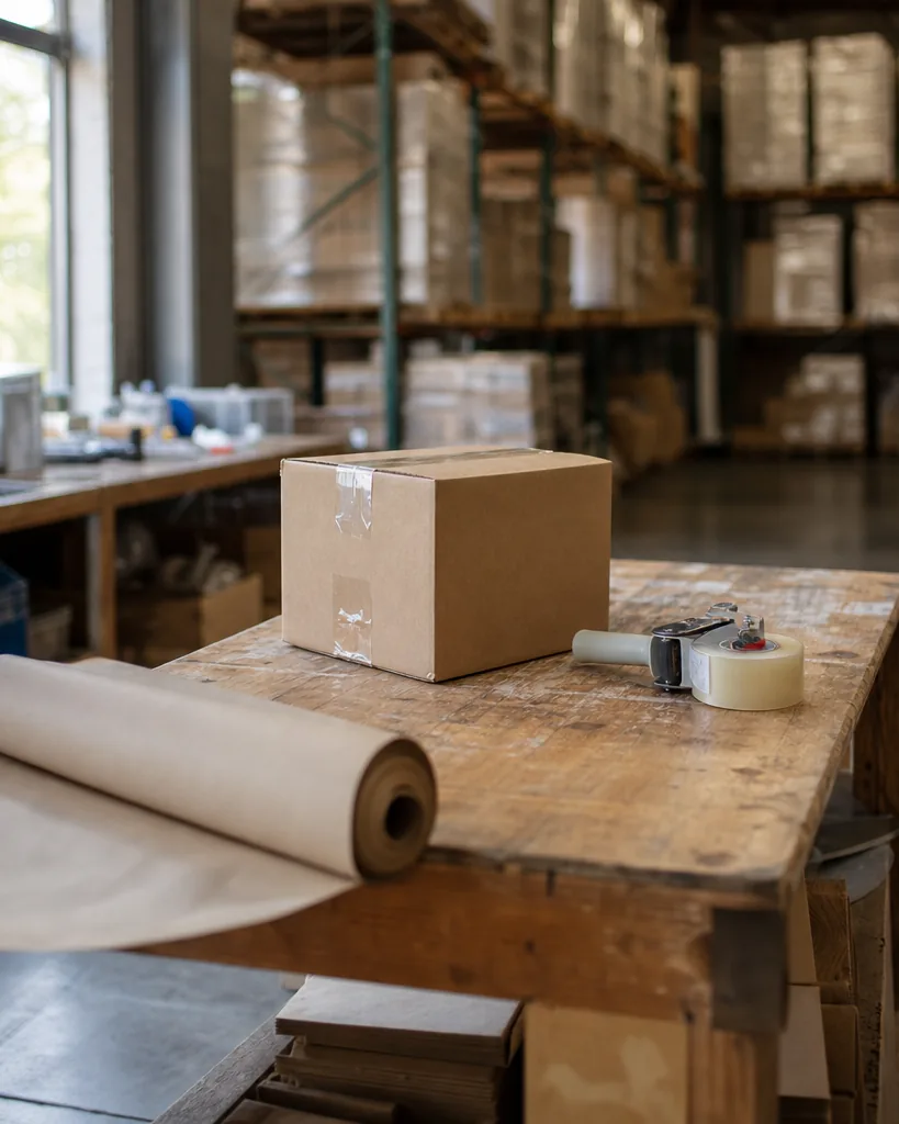 A packing bench with a cardboard carton and a tape gun in a fulfillment warehouse, pallet racking behind it