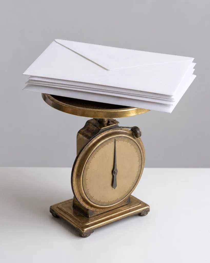 A vintage brass postal scale with sealed envelopes on a white desk