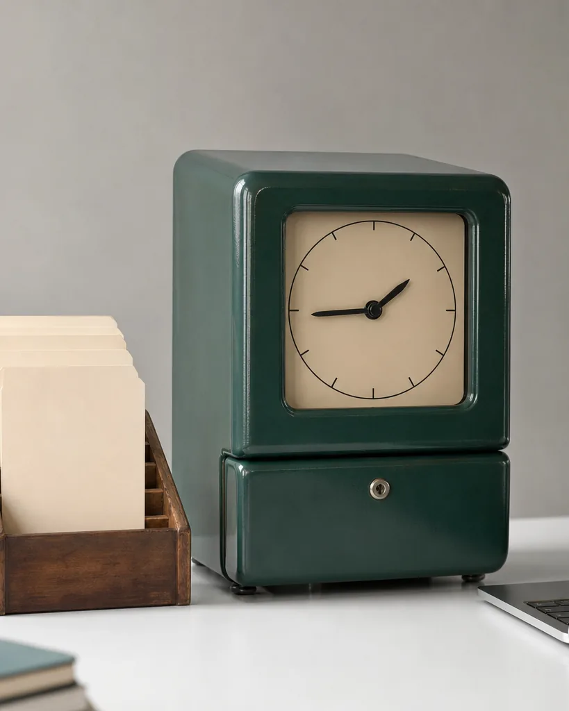 A vintage time clock with a rack of blank time cards beside a modern laptop on a clean desk