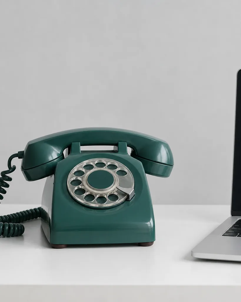 A vintage rotary telephone on a clean desk beside a modern laptop