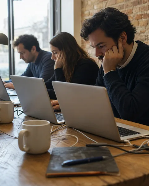 Three colleagues working on laptops at a shared oak table in a small sales office