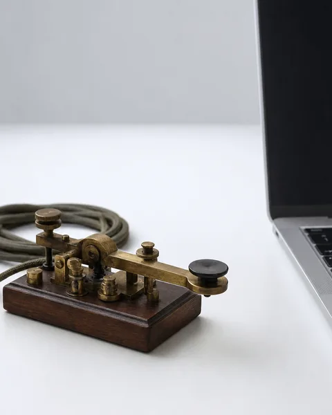 A vintage brass telegraph key on a wooden base beside a modern laptop on a clean desk