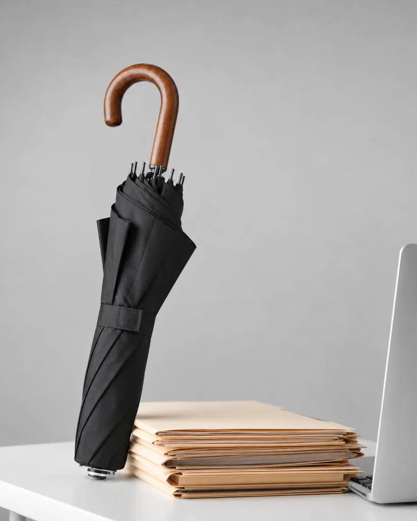A classic black umbrella leaning beside a stack of plain manila policy folders and a modern laptop on a clean desk