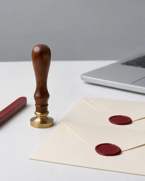 A brass wax seal stamp, a stick of red sealing wax and sealed plain envelopes beside a modern laptop